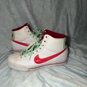 Nike White High-Top Sneakers with Red Swoosh and Mint Laces